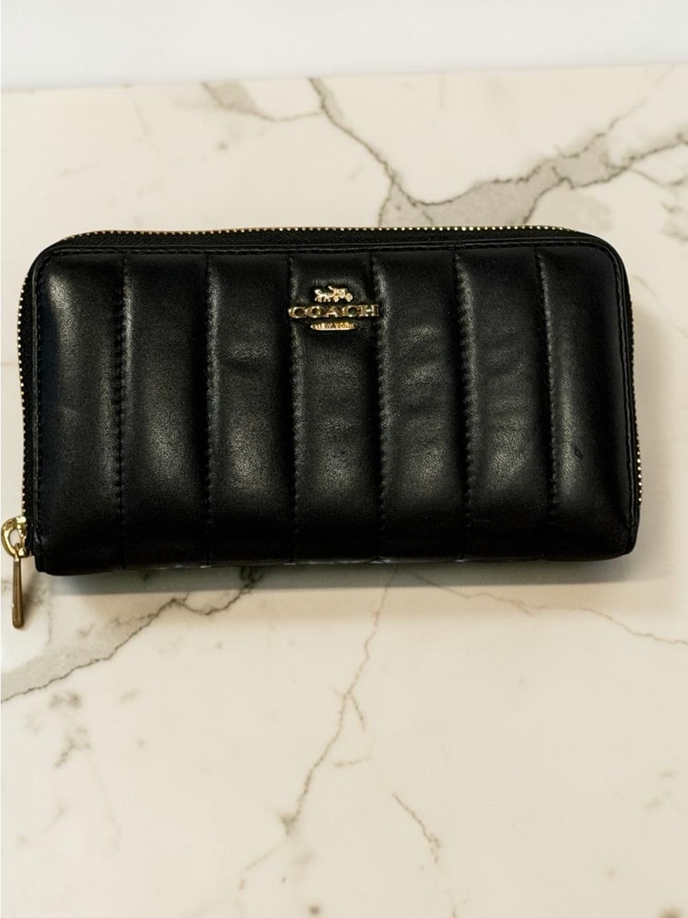 Coach Black Quilted Leather Zip Wallet with Gold Hardware